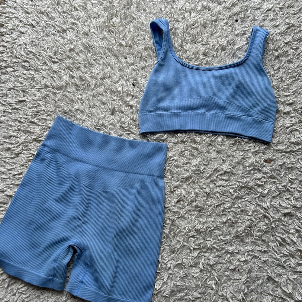 Blue Ribbed Sports Bra and Shorts Set